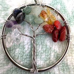 Pendant - 1 in. Tree Design with Silver Toned Wire and Multicolored Stones. New!